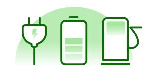 An icon set on a light green background shows a charging plug with a lightning bolt, a vertical battery icon with three charge bars, and a standard fuel pump icon.
