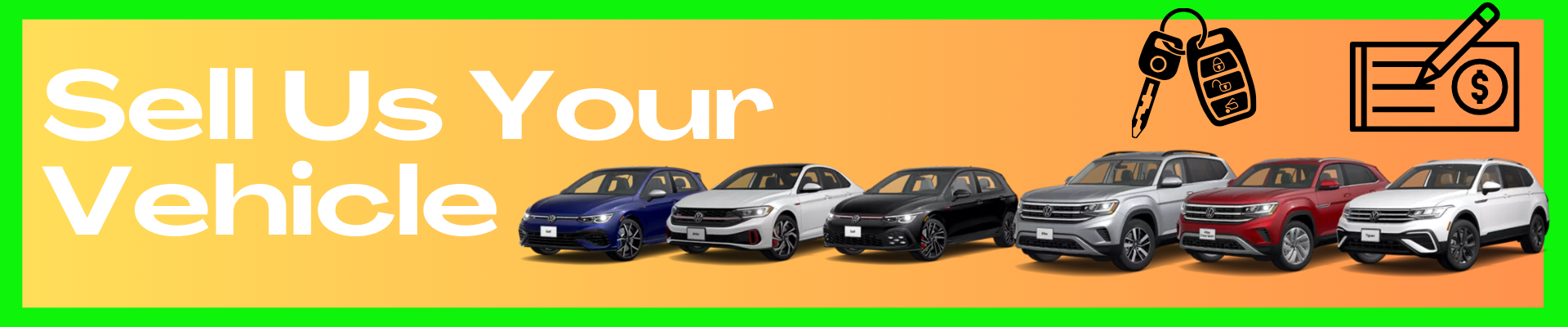 The banner also features a row of six different Volkswagen vehicles, an icon of car keys, and an icon of a check being signed.