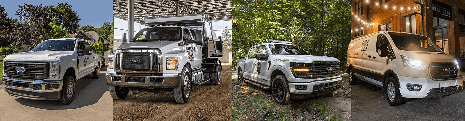 A four-panel collage showing different Ford commercial vehicles: a Super Duty truck, a heavy-duty dump truck, a Park Ranger F-150, and an electric E-Transit van at night.