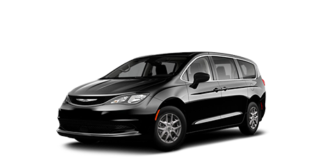 Une fourgonnette Chrysler Grand Caravan noire présentée sous un angle de trois-quarts avant sur un fond blanc.