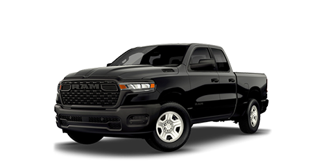 Un camion Ram 1500 à cabine quadruple noir avec des roues argentées, illustré sous une vue de trois-quarts avant.