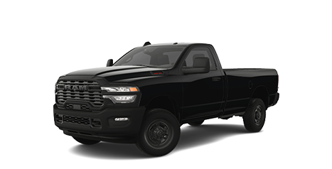 Un camion Ram 2500 service intensif noir avec une cabine simple et une caisse longue, isolé sur un fond blanc.