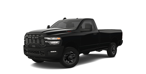 Un camion Ram 3500 service intensif noir doté d'une cabine simple, présenté de face sur un fond blanc.