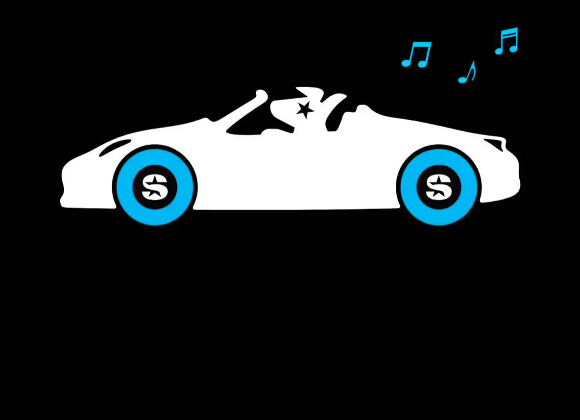 Une illustration graphique d'une voiture décapotable blanche avec des roues bleues, montrant une silhouette de chien au volant et des notes de musique bleues flottant au-dessus.