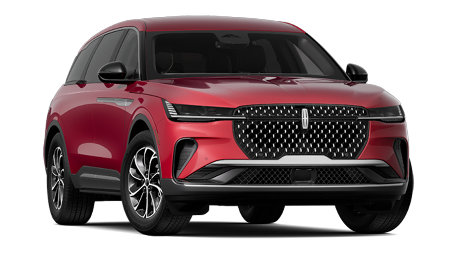 Front view of a red 2025 Lincoln Corsair SUV parked against a light background.