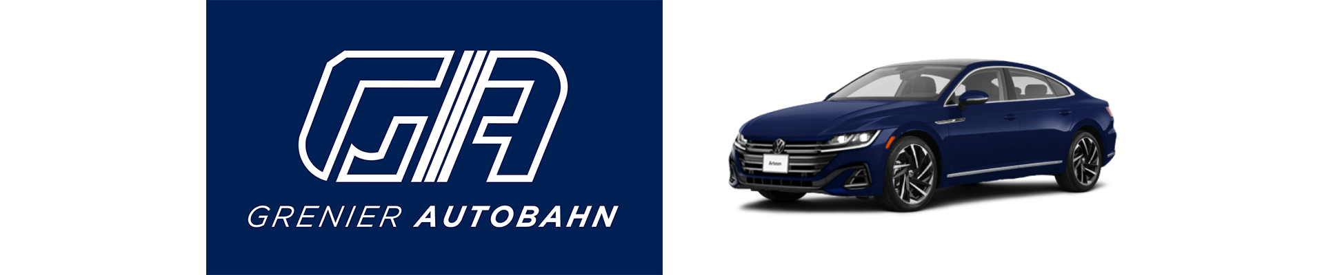 Bannière de Grenier Autobahn présentant une berline Volkswagen Arteon bleue à côté du logo du concessionnaire.