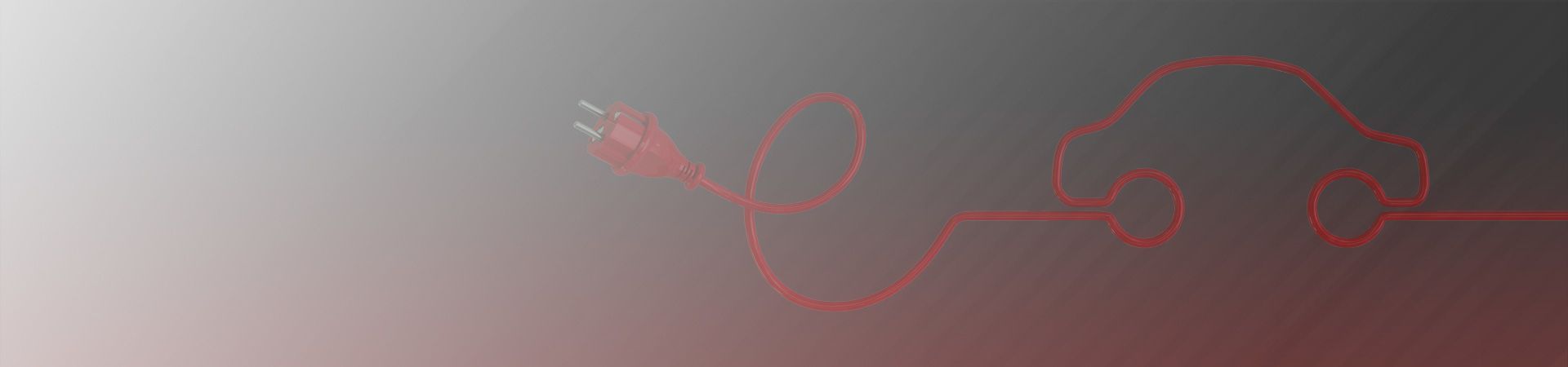 Illustration conceptuelle d'un câble d'alimentation électrique rouge formant la silhouette d'une voiture sur un fond dégradé gris et foncé.
