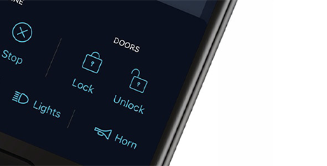 Gros plan des icônes d'application pour le verrouillage, le déverrouillage, les phares et le klaxon à distance.