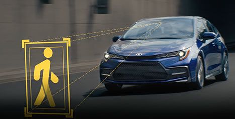 Une Toyota Corolla bleue circulant en ville, avec un graphique jaune encadrant un piéton pour illustrer le système de détection et de précollision.