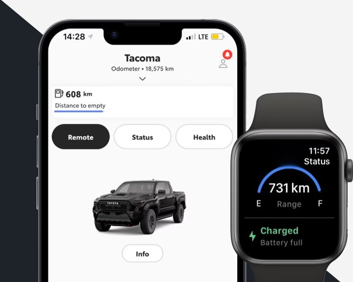 Un téléphone intelligent et une montre connectée affichant l'état d'un Toyota Tacoma, incluant l'autonomie et l'odomètre.