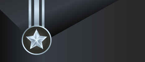 Silver medal icon with a shining star on a dark background.