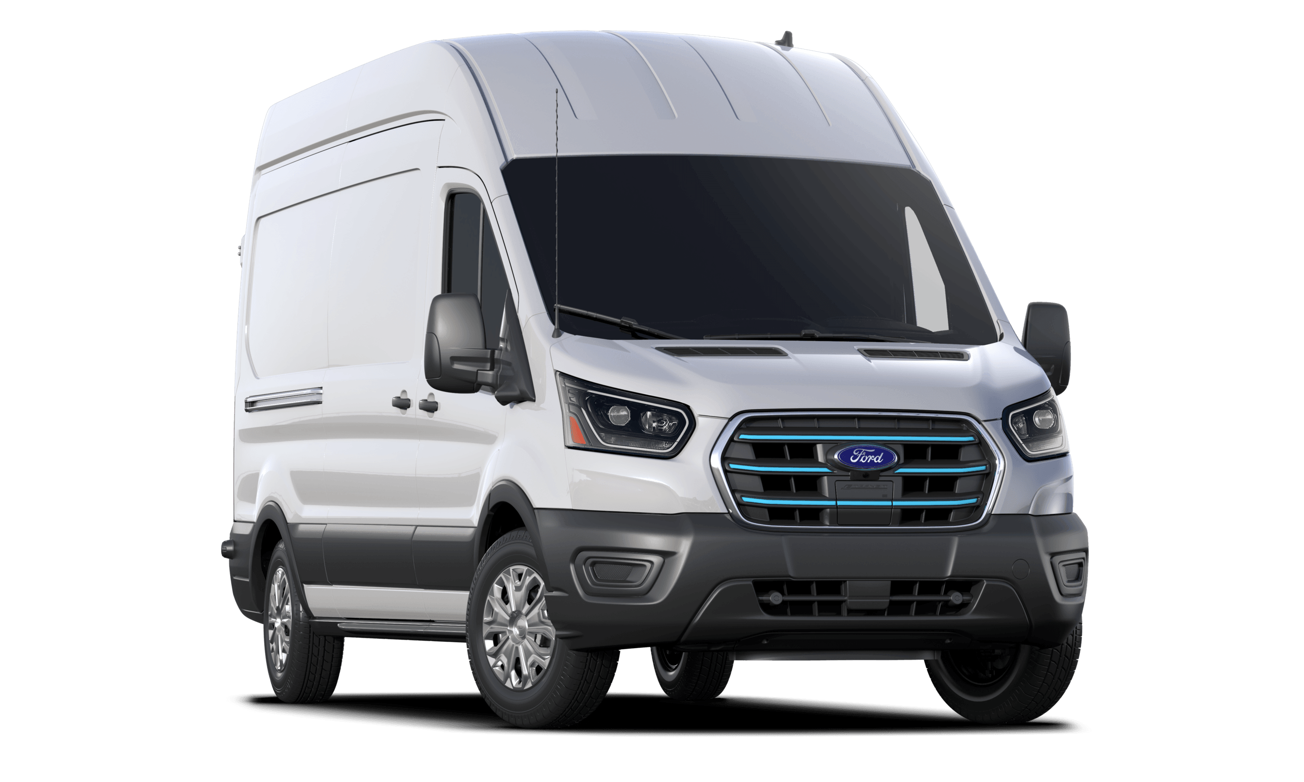 Front three-quarter view of a white Ford E-Transit electric cargo van with blue grille accents.