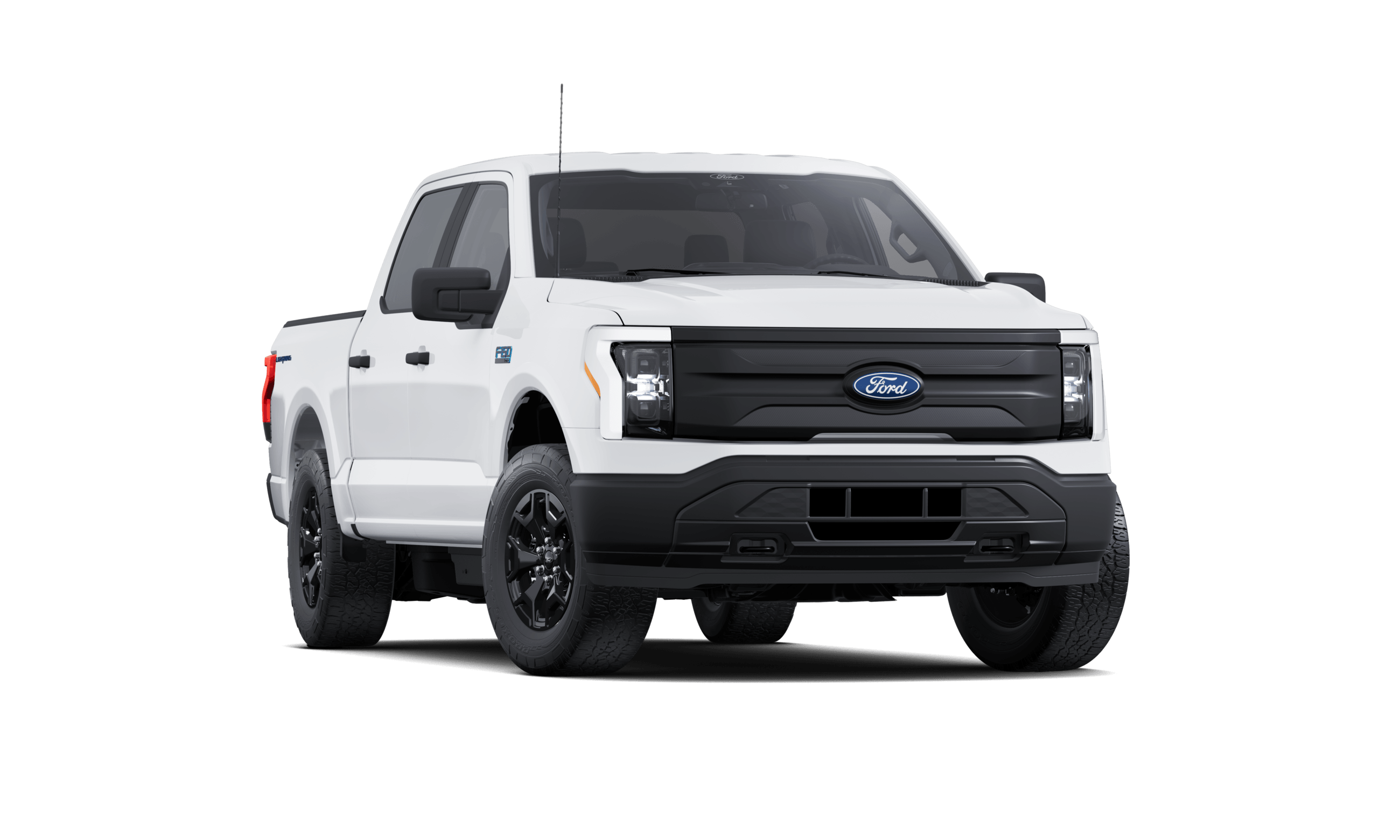 Front three-quarter view of a white Ford F-150 Lightning Pro electric pickup truck.