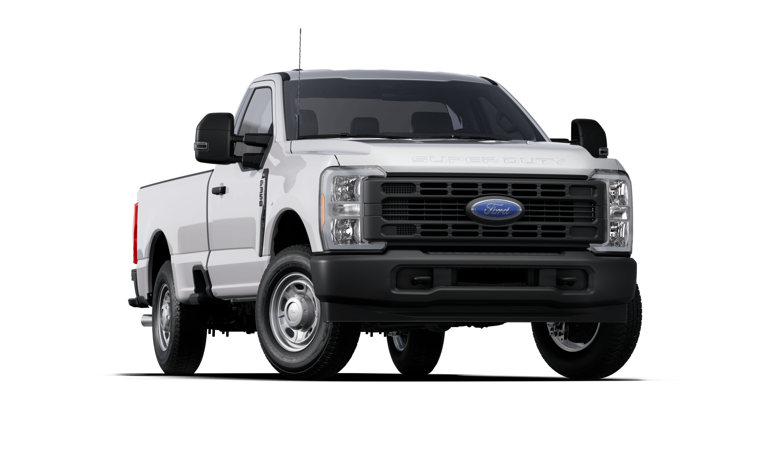 Front three-quarter view of a white Ford Super Duty F-350 XL regular cab pickup truck.