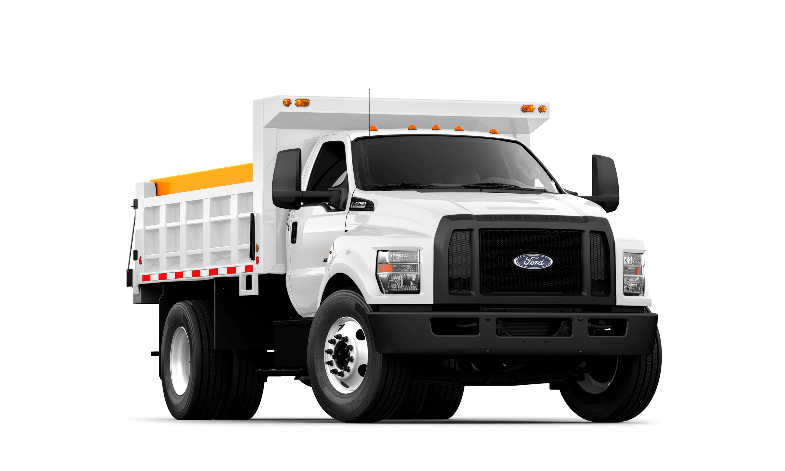 Front three-quarter view of a white Ford F-750 medium-duty commercial dump truck.