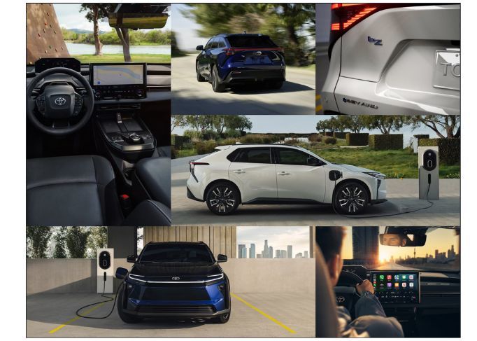 Toyota bZ electric SUV collage highlighting EV charging, interior tech, exterior design details, and real-world driving scenes.