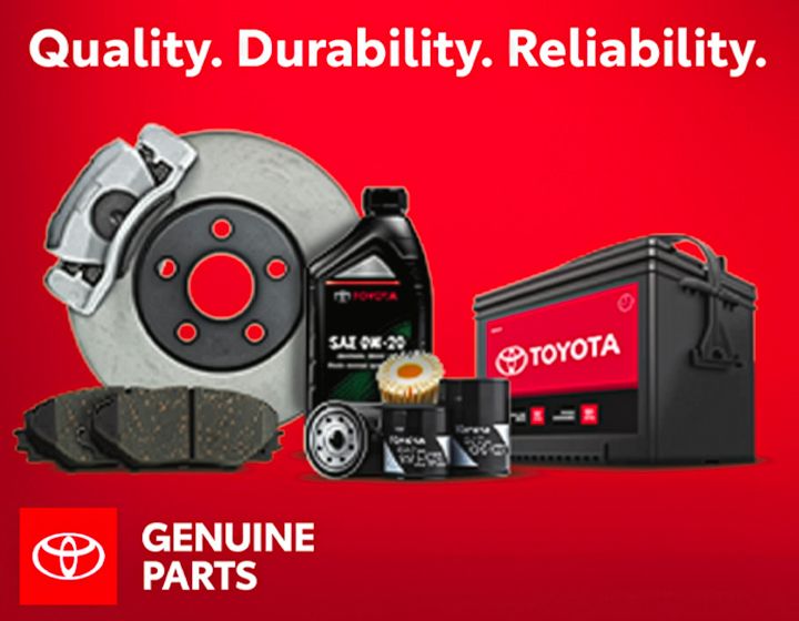  A vibrant red background displays various Toyota Genuine Parts, including a brake rotor and pads, motor oil, air and oil filters, and a battery. The top of the image has the text "Quality. Durability. Reliability." and the bottom left corner has the Toyota logo with "GENUINE PARTS" next to it.