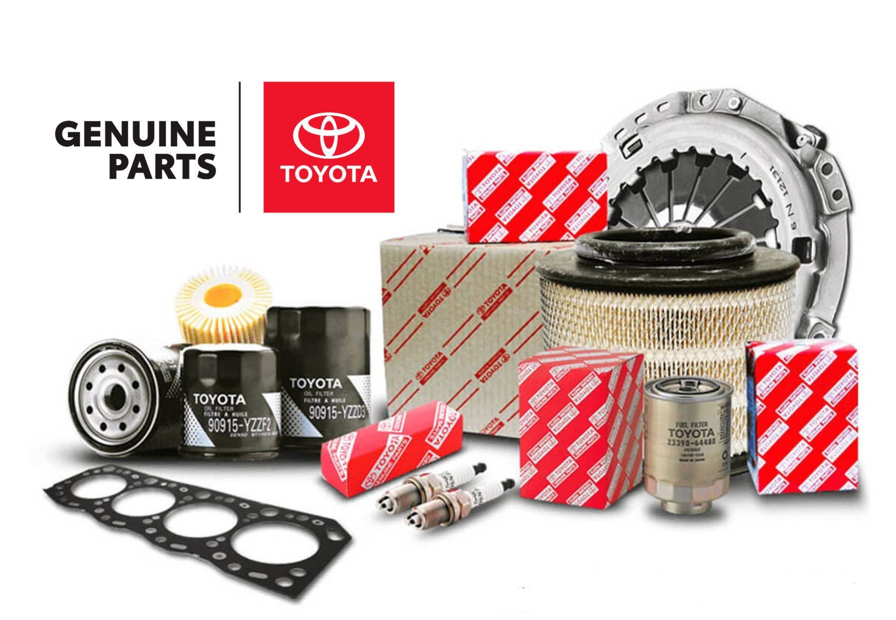  A vibrant red background displays various Toyota Genuine Parts, including a brake rotor and pads, motor oil, air and oil filters, and a battery. The top of the image has the text "Quality. Durability. Reliability." and the bottom left corner has the Toyota logo with "GENUINE PARTS" next to it.