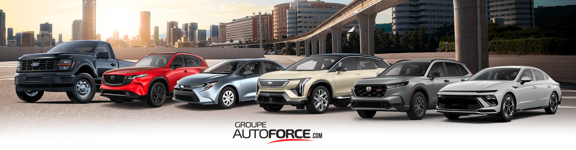 Bannière publicitaire montrant plusieurs véhicules de marques différentes alignés devant une silhouette de ville, avec le logo Groupe Autoforce.