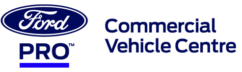 Logo officiel de Ford Pro Commercial Vehicle Centre en bleu foncé et blanc sur fond blanc.