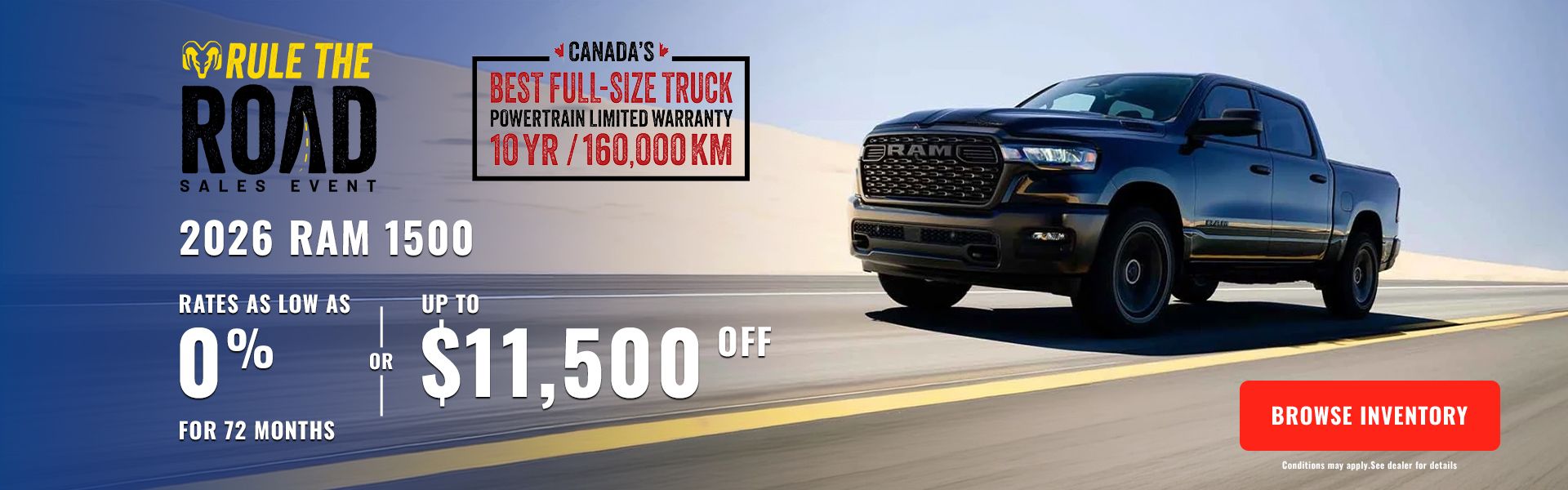 Black 2026 RAM 1500 pickup truck driving down a desert road.