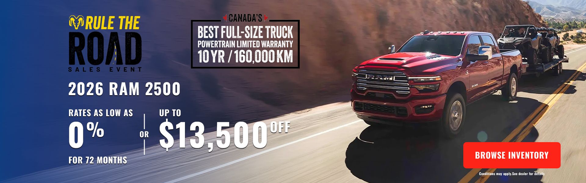 Red 2026 RAM 2500 pickup truck towing a trailer carrying off-road vehicles.
