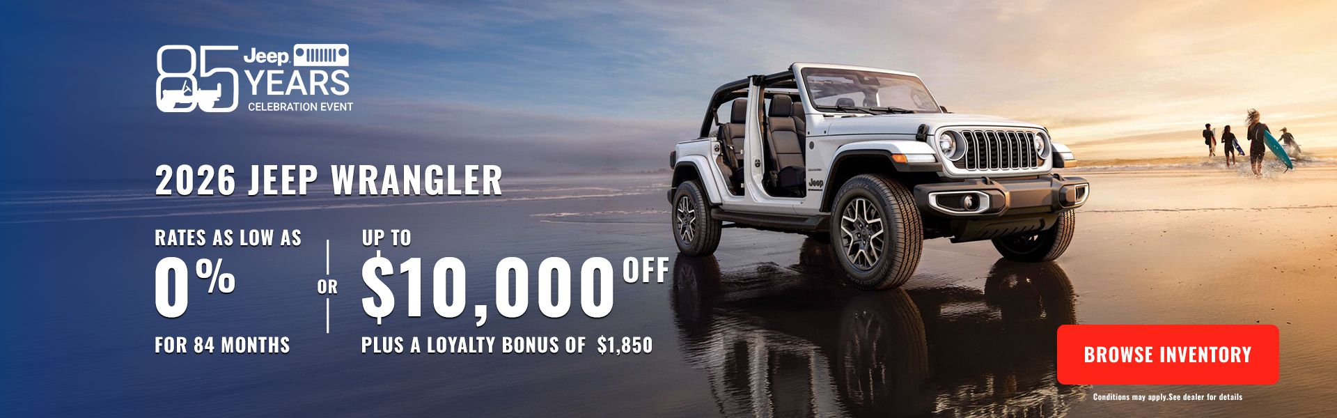 Doorless white 2026 Jeep Wrangler parked on the beach at sunset.
