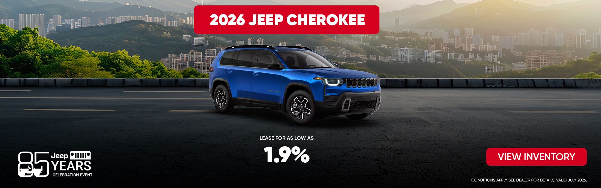 Blue 2026 Jeep Cherokee SUV parked in front of a city skyline with a lease offer.