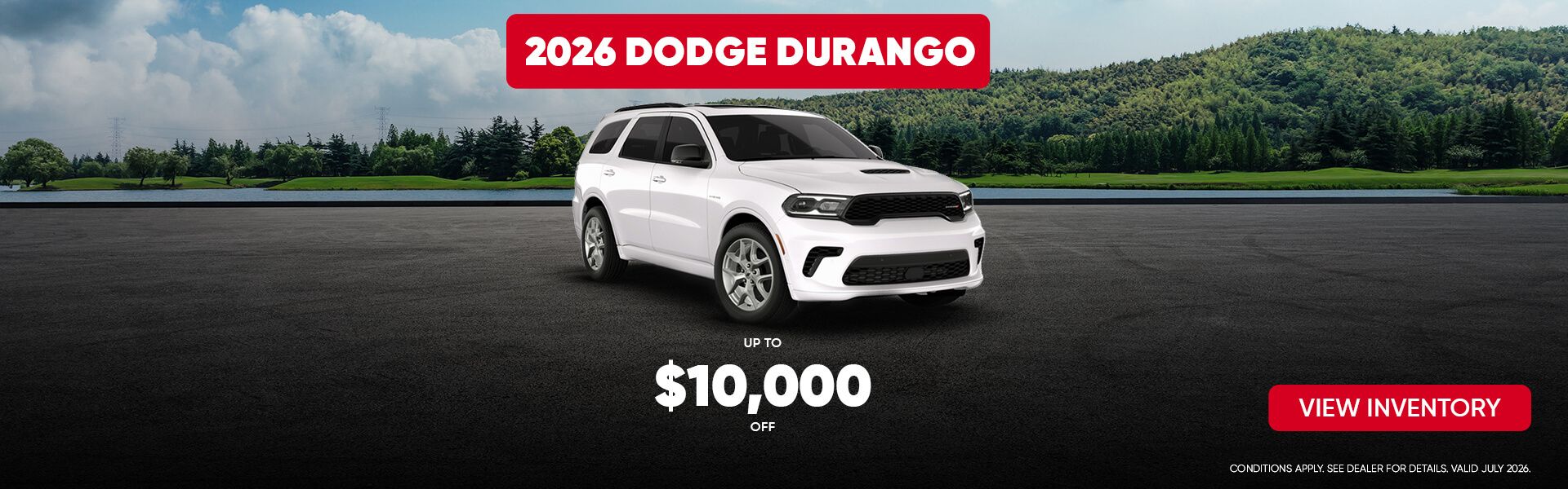 White 2026 Dodge Durango SUV featuring a promotion of up to $10,000 off.