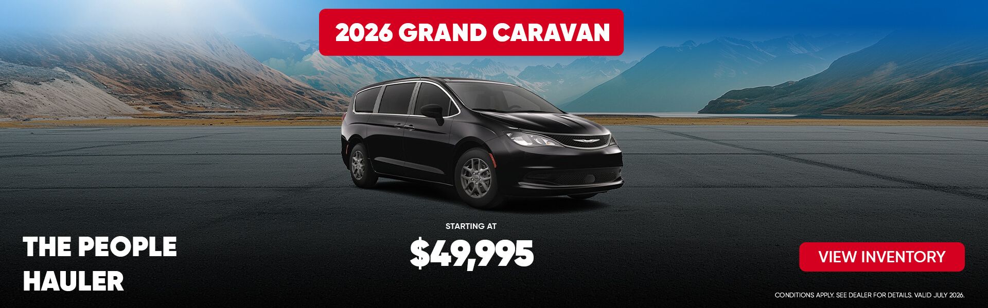 Black 2026 Chrysler Grand Caravan minivan parked in front of a mountain landscape.