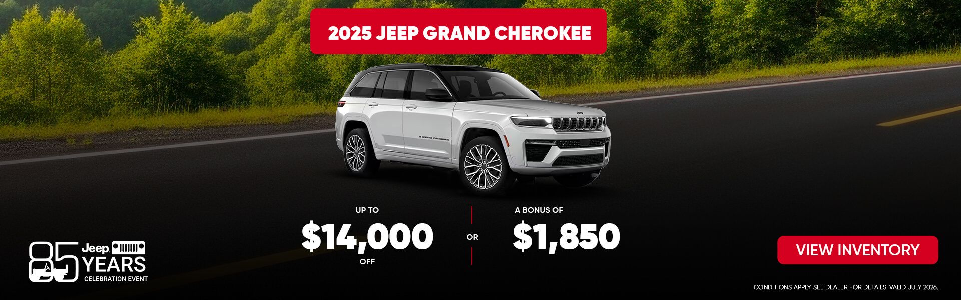 White 2025 Jeep Grand Cherokee SUV on a tree-lined road featuring promotional discounts.