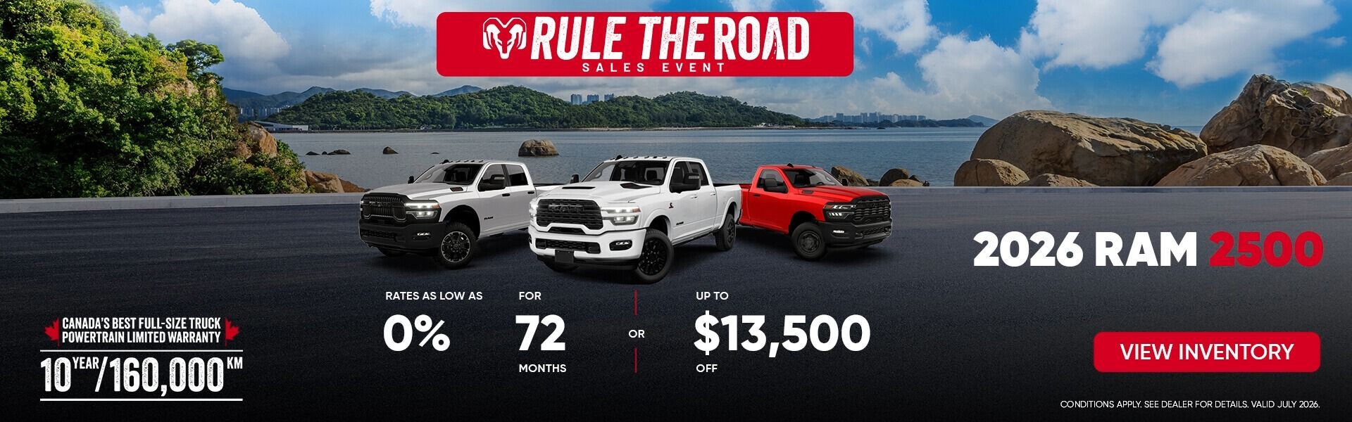 Lineup of three 2026 RAM 2500 pickup trucks in front of a rocky coast and ocean.