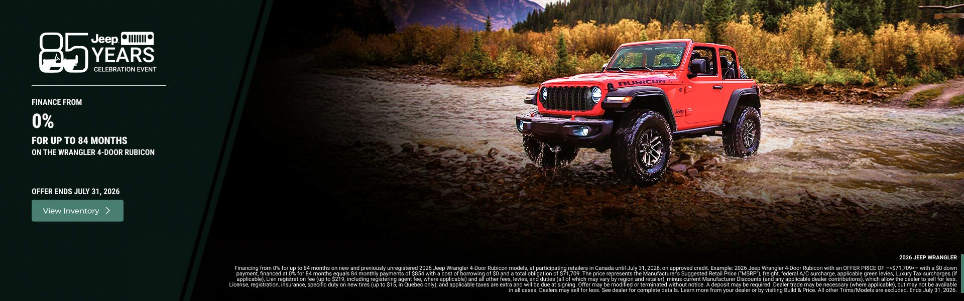 Red Jeep Wrangler Rubicon crossing a forest river with an 85th anniversary promotional offer.