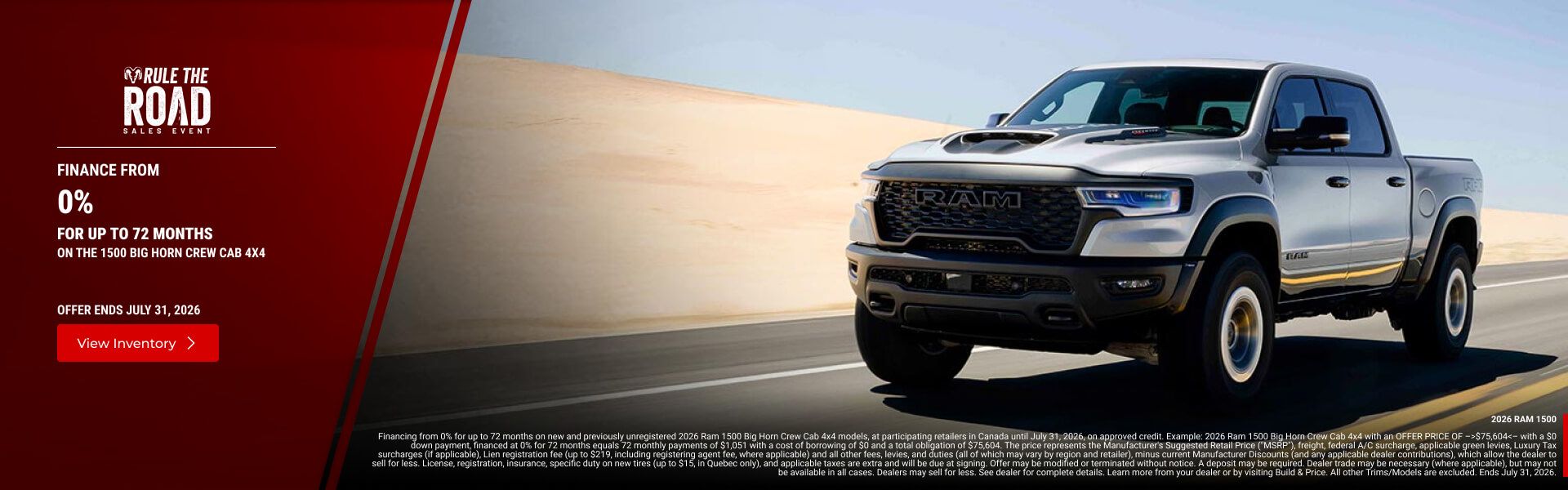Silver RAM 1500 pickup truck driving through a desert with a 0% financing offer.