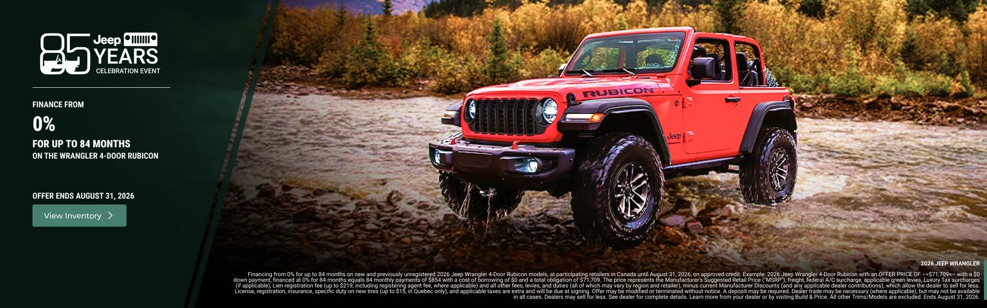 Red Jeep Wrangler Rubicon crossing a forest river with an 85th anniversary promotional offer.