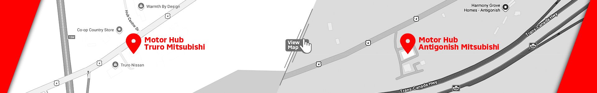 Map showing the locations of MotorHub Truro Mitsubishi and MotorHub Antigonish Mitsubishi.