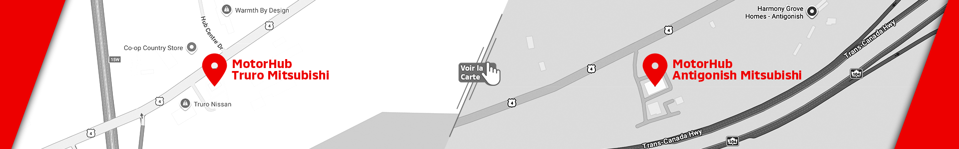 Carte indiquant les emplacements de MotorHub Truro Mitsubishi et MotorHub Antigonish Mitsubishi.
