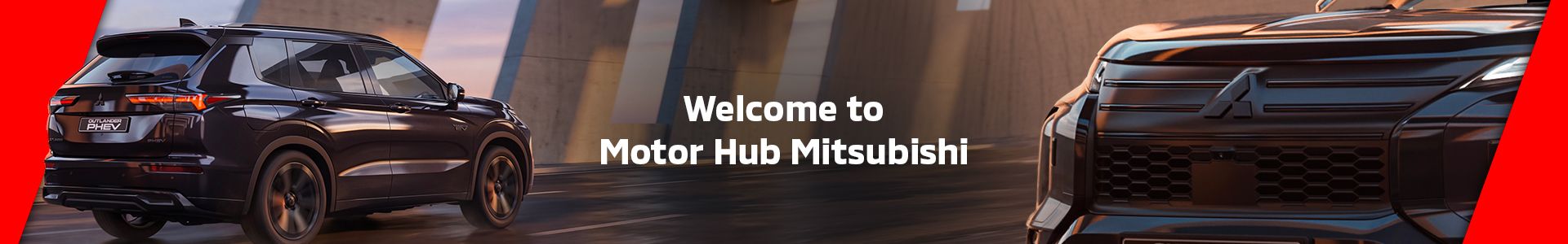 MotorHub Mitsubishi banner displaying black Outlander PHEV SUVs in an urban setting.