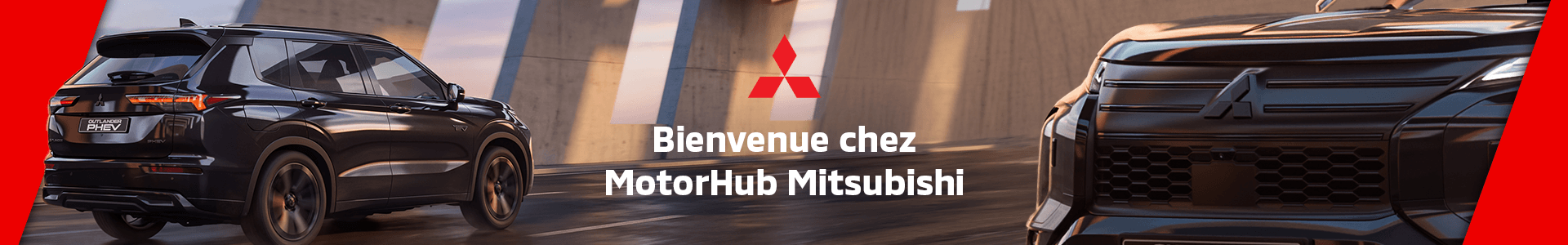 Bannière MotorHub Mitsubishi présentant des SUV Outlander PHEV noirs sur fond urbain.