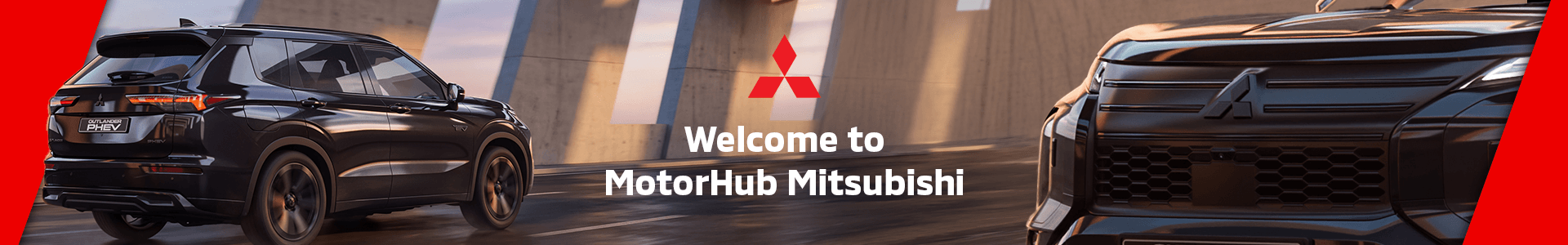 MotorHub Mitsubishi banner displaying black Outlander PHEV SUVs in an urban setting.