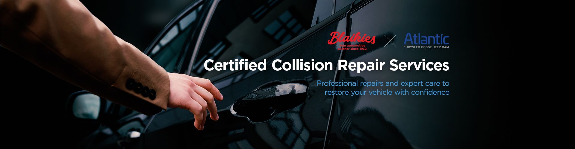 Hand reaching for the door handle of a glossy black car, with text advertising certified collision repair services.