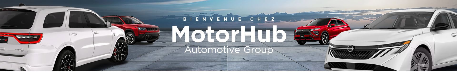 Bannière MotorHub Automotive Group présentant plusieurs véhicules de différentes marques.