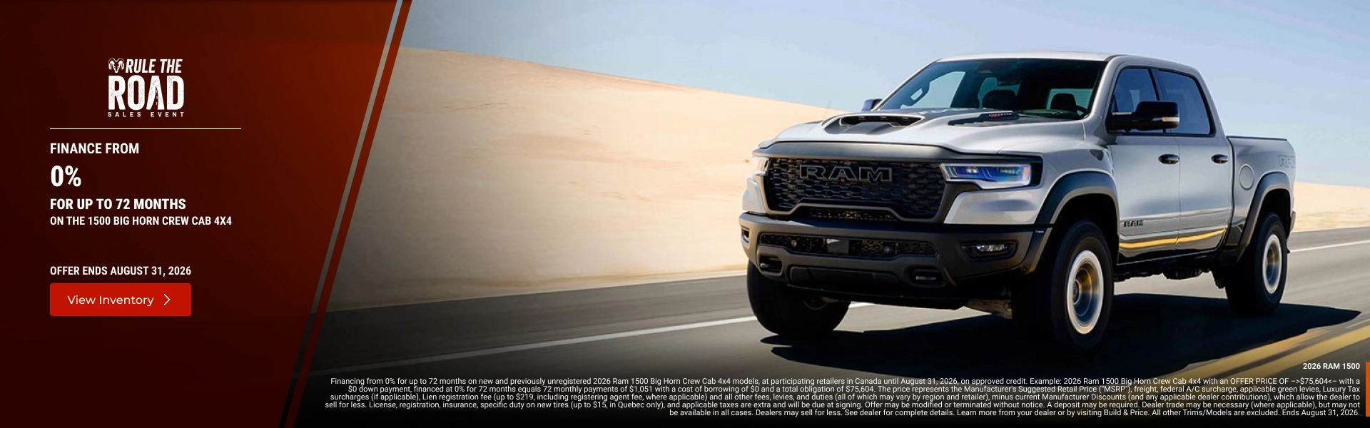 Silver RAM 1500 pickup truck driving through a desert with a 0% financing offer.