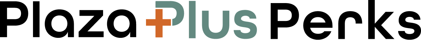 A horizontal logo with the word "Plus" in a sage-green, sans-serif font. An orange plus sign is positioned to the left, partially overlapping the letter "P".