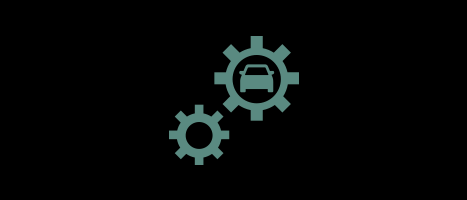 A sage-green minimalist icon on a black background featuring two interlocking gears, with the silhouette of a car inside the larger gear to represent mechanical service or repair.