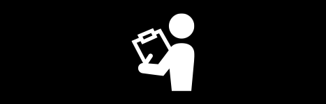 A white minimalist icon of a person holding a clipboard and a pen, suggesting a professional inspection, a checklist, or an evaluation process.