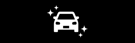 A white minimalist icon of the front view of a car surrounded by four-pointed sparkles, representing a clean, high-quality, or certified pre-owned vehicle.