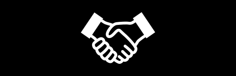 A white minimalist icon of two hands shaking, symbolizing a deal, partnership, trust, or a successful agreement.