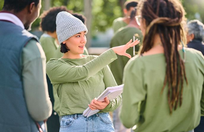 A young woman in a grey beanie and olive-green long-sleeve shirt holds a stack of papers and gestures mid-conversation while talking to two other people outdoors. Several other people in matching green shirts are visible in the soft-focus background.