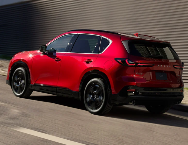 The rear view of a red sedan parked on the side of a rural road, with green hills in the distance.